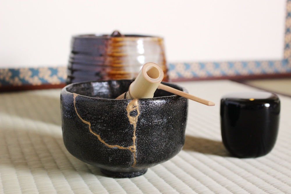 tea bowl repaired with kintsugi (lacquer and gold powder)