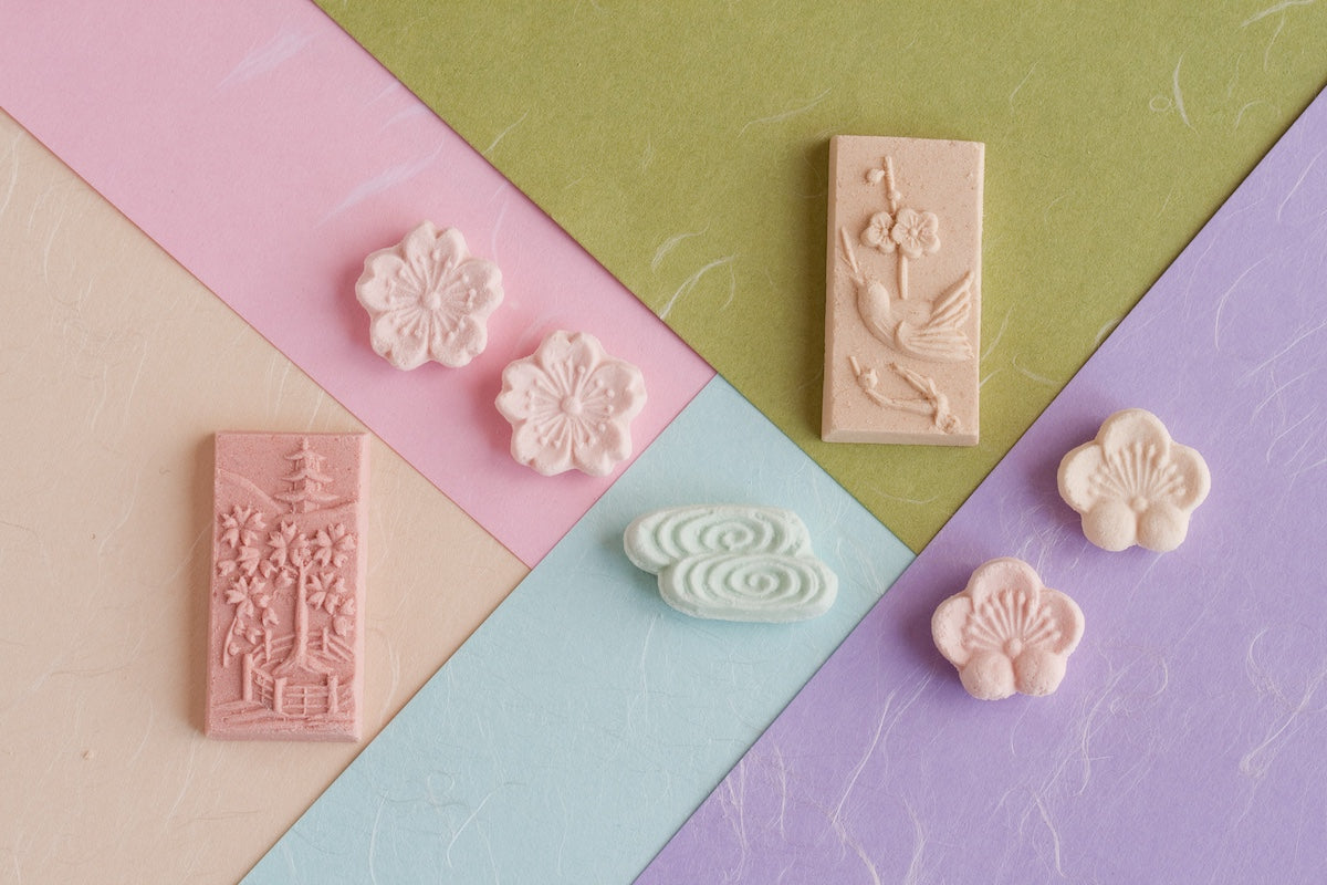 wasanbon sweets arrangement on colourful washi