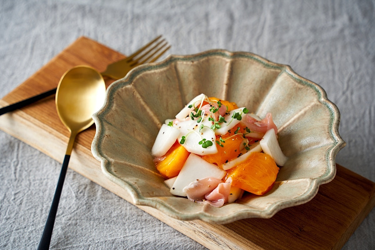 japanese persimmon, turnip and ham salad