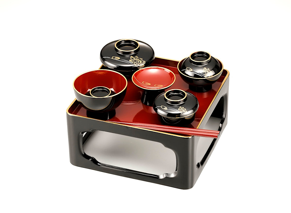 lacquered Japanese bowls on tray table